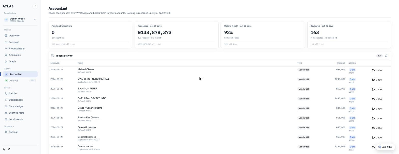 Atlas showing receipts processed in the last 30 days and a reviewable list of prepared supplier bills